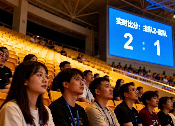 九游体育平台用户在看台上关注比赛，现场大屏幕显示实时比分信息